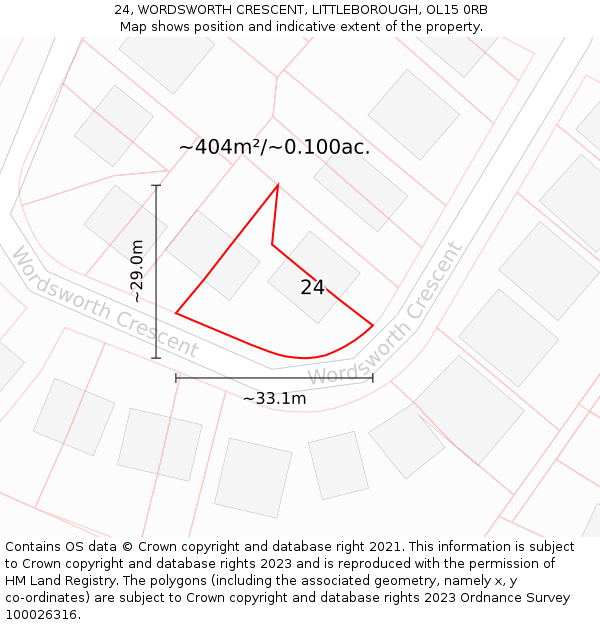 24, WORDSWORTH CRESCENT, LITTLEBOROUGH, OL15 0RB: Plot and title map