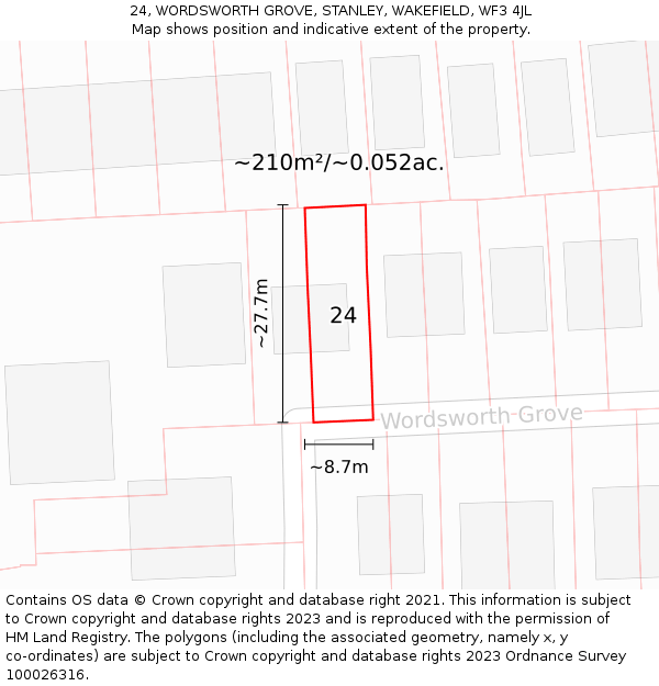 24, WORDSWORTH GROVE, STANLEY, WAKEFIELD, WF3 4JL: Plot and title map