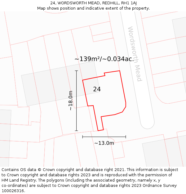 24, WORDSWORTH MEAD, REDHILL, RH1 1AJ: Plot and title map