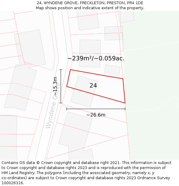 24, WYNDENE GROVE, FRECKLETON, PRESTON, PR4 1DE: Plot and title map