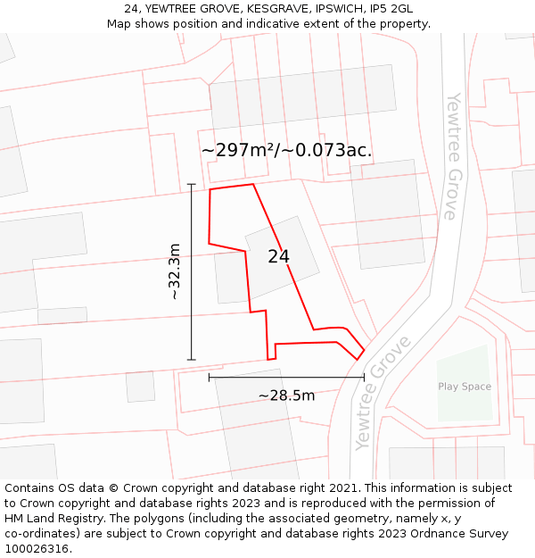 24, YEWTREE GROVE, KESGRAVE, IPSWICH, IP5 2GL: Plot and title map