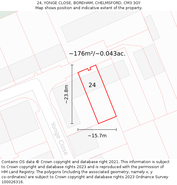 24, YONGE CLOSE, BOREHAM, CHELMSFORD, CM3 3GY: Plot and title map