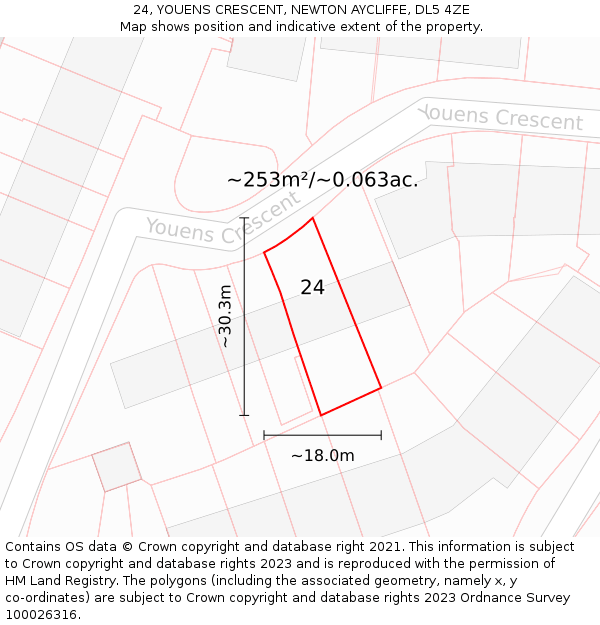 24, YOUENS CRESCENT, NEWTON AYCLIFFE, DL5 4ZE: Plot and title map