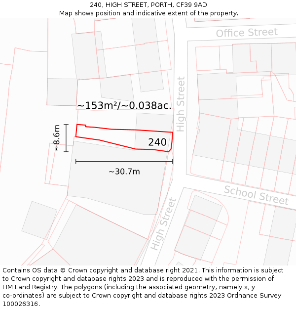 240, HIGH STREET, PORTH, CF39 9AD: Plot and title map