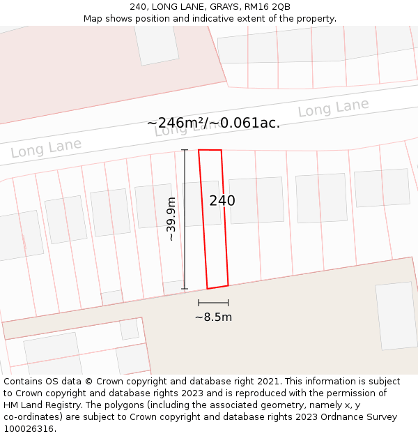 240, LONG LANE, GRAYS, RM16 2QB: Plot and title map