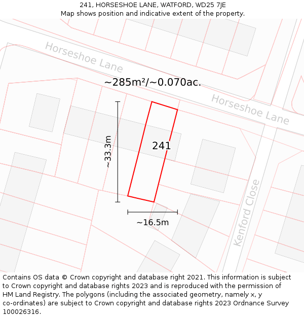 241, HORSESHOE LANE, WATFORD, WD25 7JE: Plot and title map