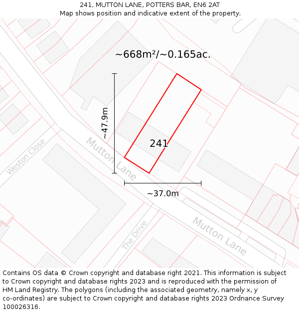241, MUTTON LANE, POTTERS BAR, EN6 2AT: Plot and title map