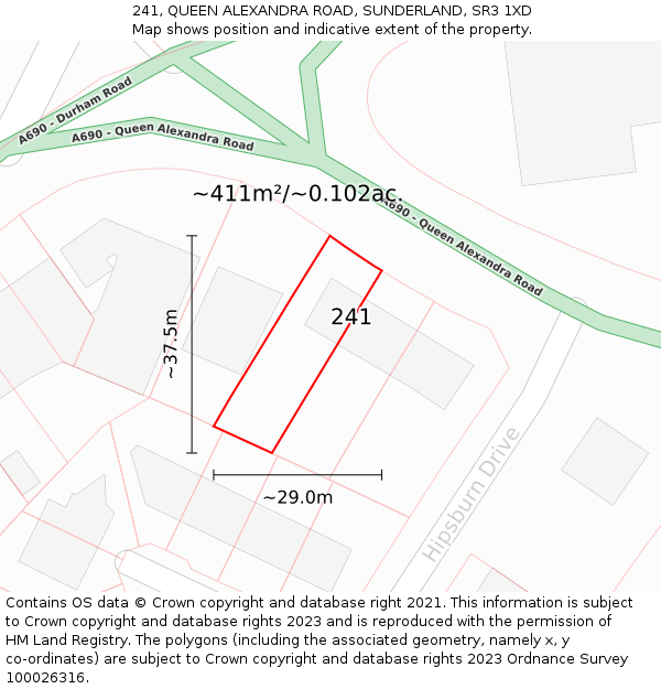 241, QUEEN ALEXANDRA ROAD, SUNDERLAND, SR3 1XD: Plot and title map