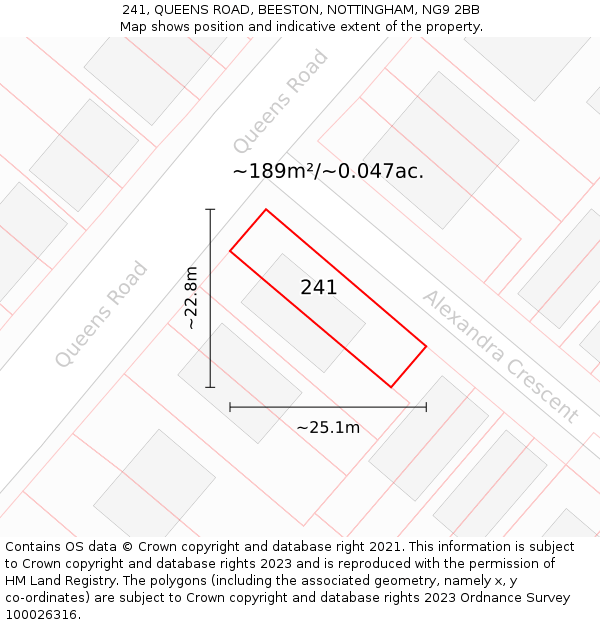 241, QUEENS ROAD, BEESTON, NOTTINGHAM, NG9 2BB: Plot and title map