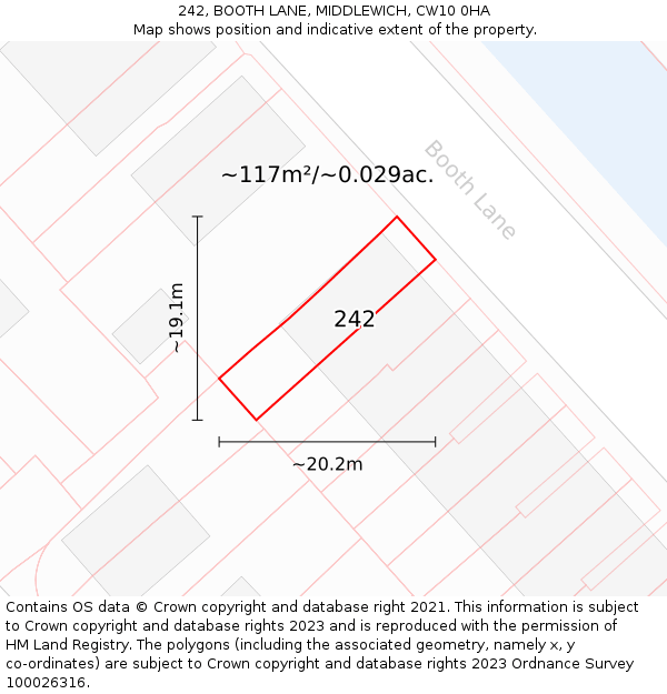242, BOOTH LANE, MIDDLEWICH, CW10 0HA: Plot and title map