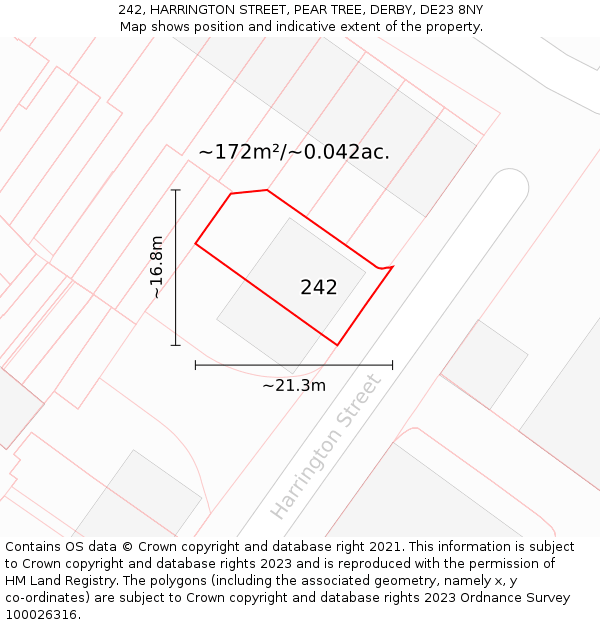 242, HARRINGTON STREET, PEAR TREE, DERBY, DE23 8NY: Plot and title map