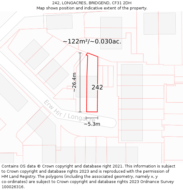 242, LONGACRES, BRIDGEND, CF31 2DH: Plot and title map