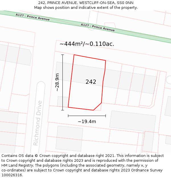 242, PRINCE AVENUE, WESTCLIFF-ON-SEA, SS0 0NN: Plot and title map
