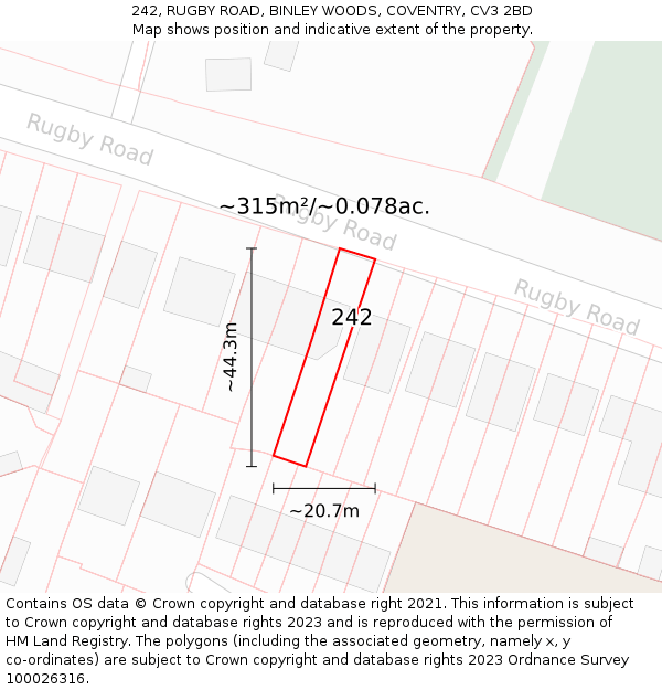 242, RUGBY ROAD, BINLEY WOODS, COVENTRY, CV3 2BD: Plot and title map