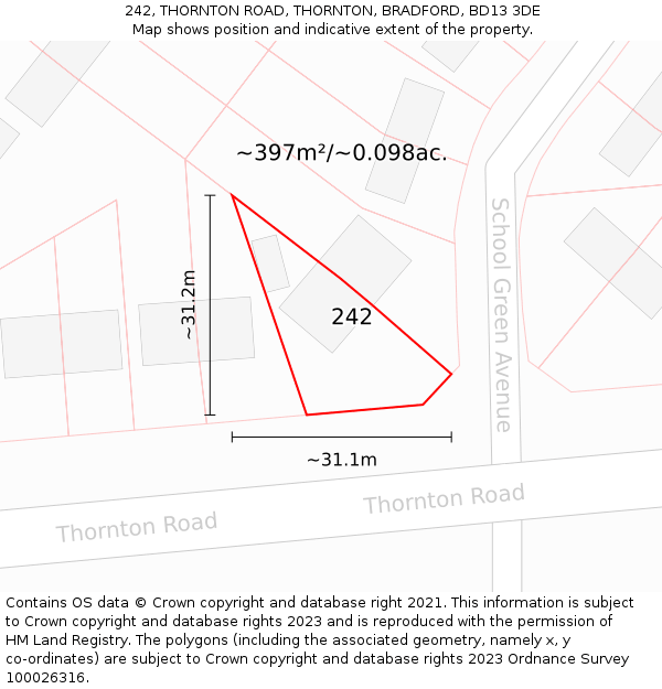 242, THORNTON ROAD, THORNTON, BRADFORD, BD13 3DE: Plot and title map