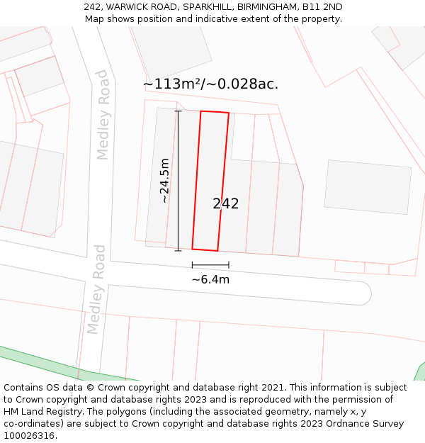 242, WARWICK ROAD, SPARKHILL, BIRMINGHAM, B11 2ND: Plot and title map