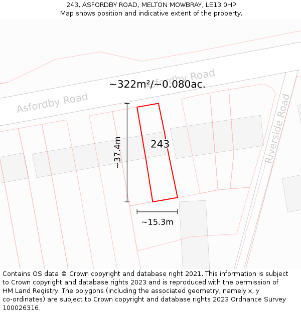 243, ASFORDBY ROAD, MELTON MOWBRAY, LE13 0HP: Plot and title map