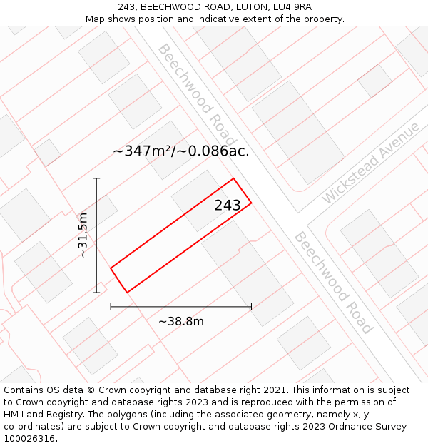 243, BEECHWOOD ROAD, LUTON, LU4 9RA: Plot and title map