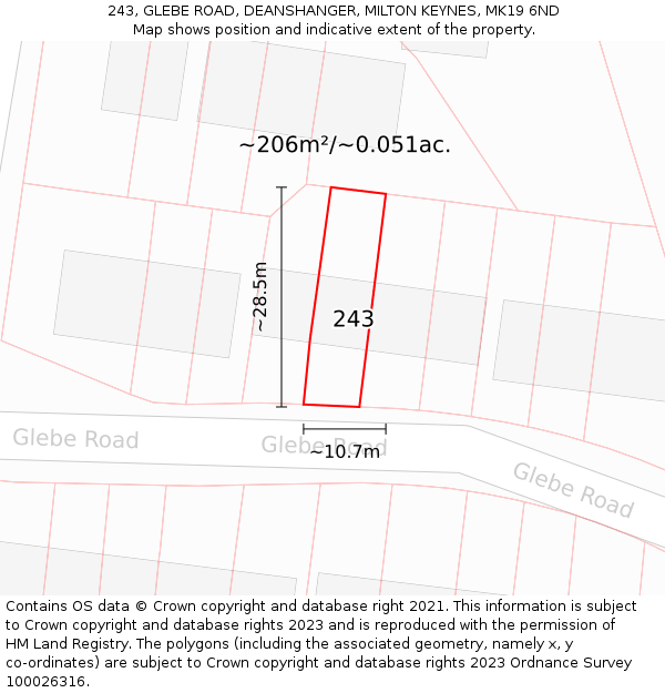 243, GLEBE ROAD, DEANSHANGER, MILTON KEYNES, MK19 6ND: Plot and title map
