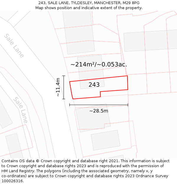 243, SALE LANE, TYLDESLEY, MANCHESTER, M29 8PG: Plot and title map