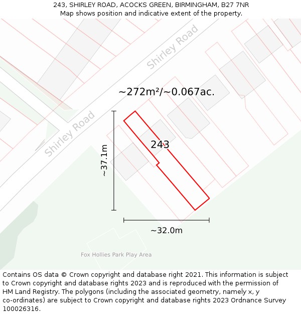 243, SHIRLEY ROAD, ACOCKS GREEN, BIRMINGHAM, B27 7NR: Plot and title map