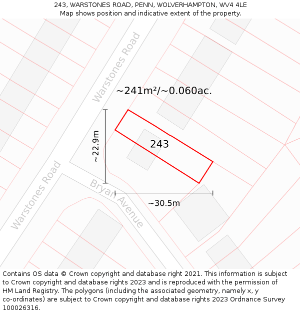 243, WARSTONES ROAD, PENN, WOLVERHAMPTON, WV4 4LE: Plot and title map