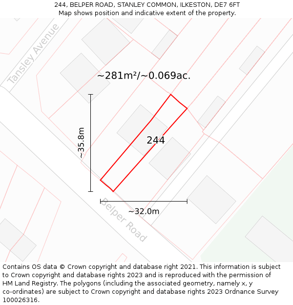 244, BELPER ROAD, STANLEY COMMON, ILKESTON, DE7 6FT: Plot and title map