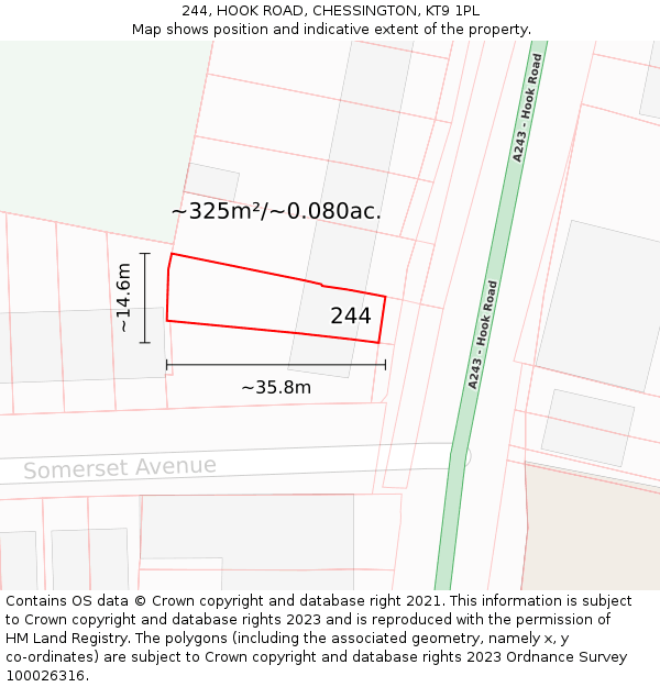 244, HOOK ROAD, CHESSINGTON, KT9 1PL: Plot and title map