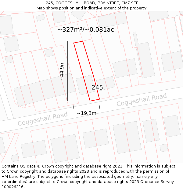 245, COGGESHALL ROAD, BRAINTREE, CM7 9EF: Plot and title map