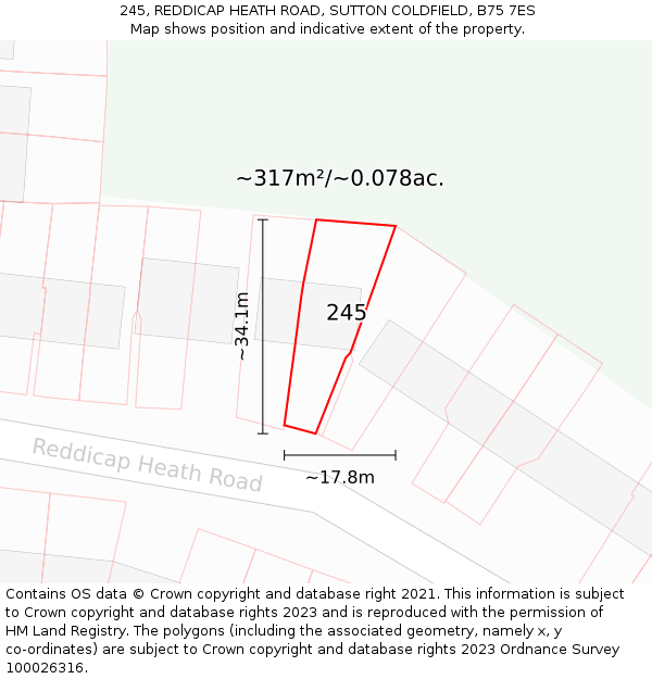 245, REDDICAP HEATH ROAD, SUTTON COLDFIELD, B75 7ES: Plot and title map