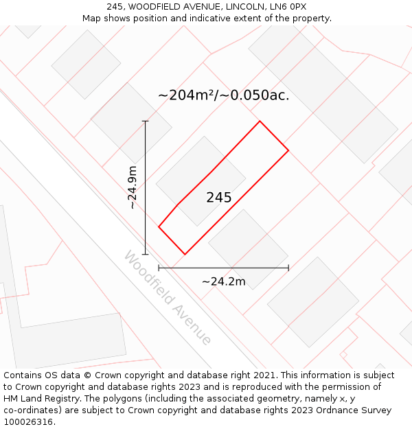 245, WOODFIELD AVENUE, LINCOLN, LN6 0PX: Plot and title map
