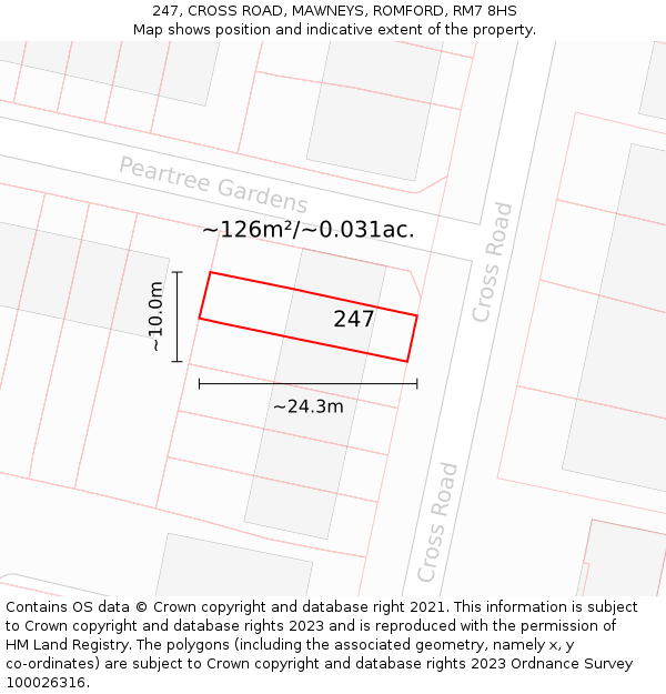 247, CROSS ROAD, MAWNEYS, ROMFORD, RM7 8HS: Plot and title map