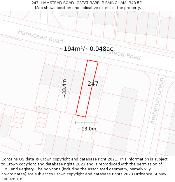 247, HAMSTEAD ROAD, GREAT BARR, BIRMINGHAM, B43 5EL: Plot and title map