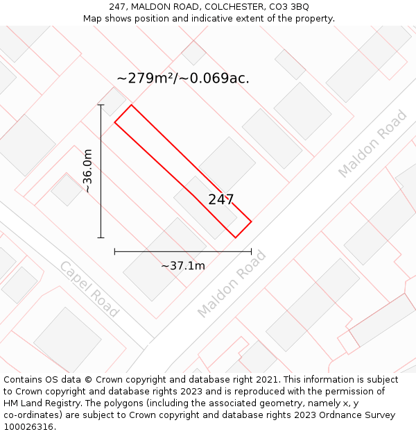247, MALDON ROAD, COLCHESTER, CO3 3BQ: Plot and title map