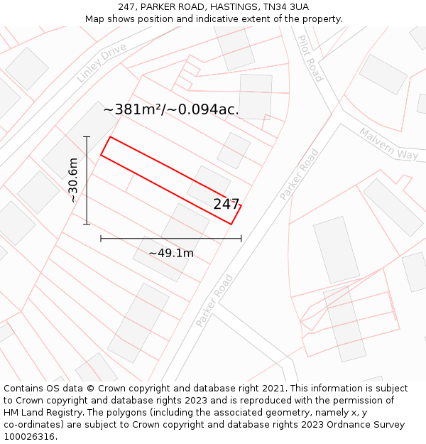 247, PARKER ROAD, HASTINGS, TN34 3UA: Plot and title map