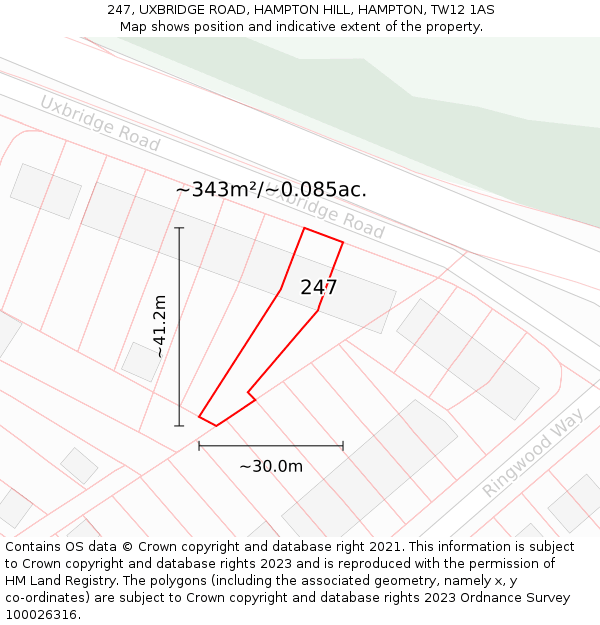 247, UXBRIDGE ROAD, HAMPTON HILL, HAMPTON, TW12 1AS: Plot and title map