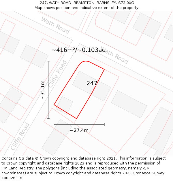 247, WATH ROAD, BRAMPTON, BARNSLEY, S73 0XG: Plot and title map