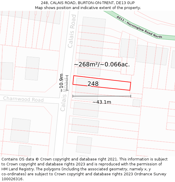 248, CALAIS ROAD, BURTON-ON-TRENT, DE13 0UP: Plot and title map