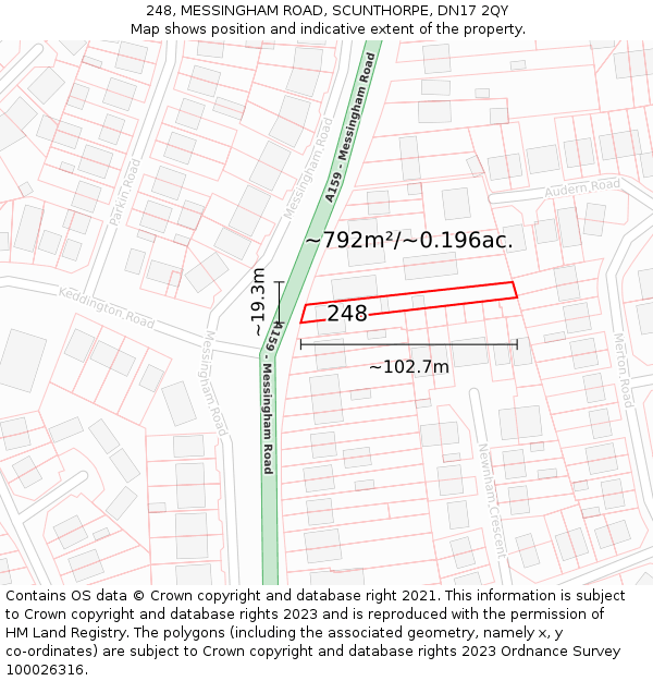 248, MESSINGHAM ROAD, SCUNTHORPE, DN17 2QY: Plot and title map