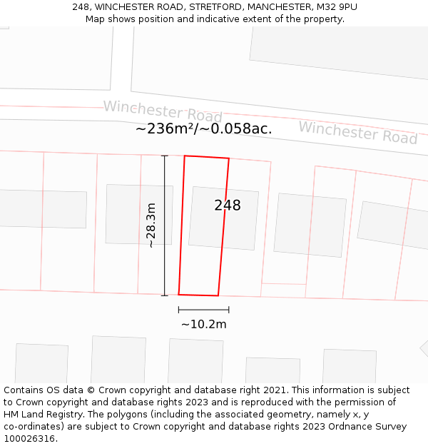 248, WINCHESTER ROAD, STRETFORD, MANCHESTER, M32 9PU: Plot and title map