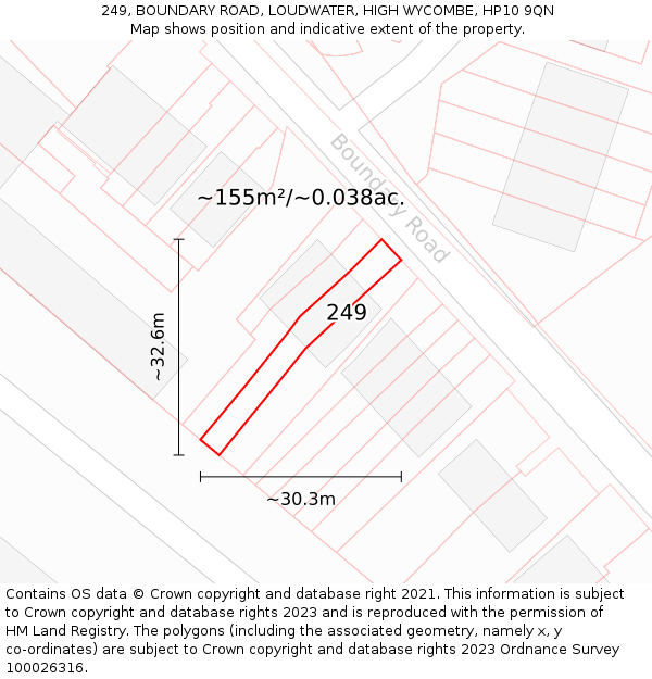 249, BOUNDARY ROAD, LOUDWATER, HIGH WYCOMBE, HP10 9QN: Plot and title map