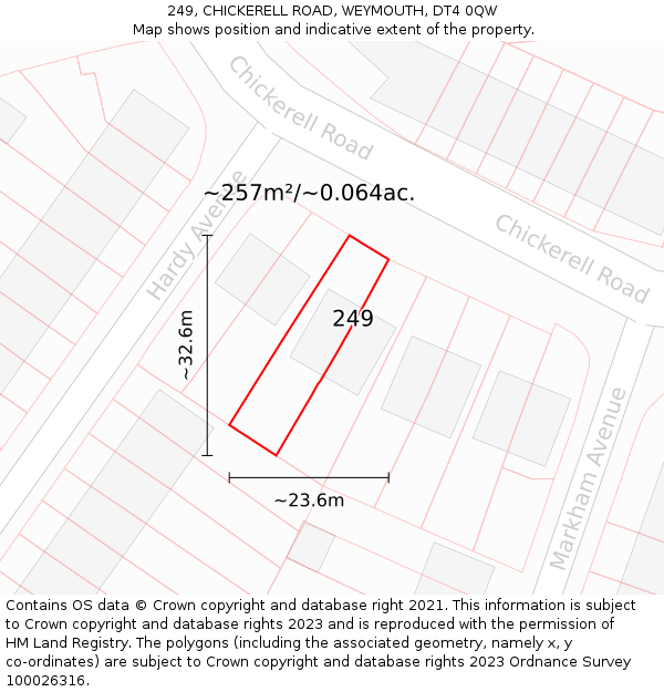 249, CHICKERELL ROAD, WEYMOUTH, DT4 0QW: Plot and title map