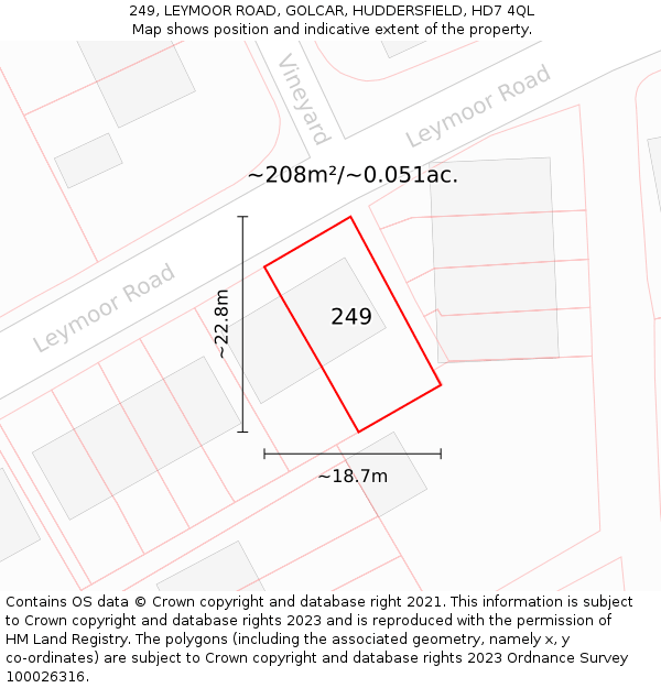 249, LEYMOOR ROAD, GOLCAR, HUDDERSFIELD, HD7 4QL: Plot and title map