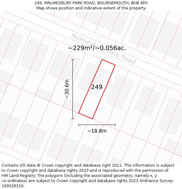 249, MALMESBURY PARK ROAD, BOURNEMOUTH, BH8 8PX: Plot and title map
