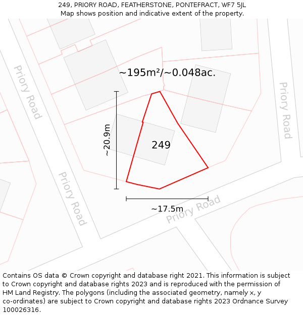 249, PRIORY ROAD, FEATHERSTONE, PONTEFRACT, WF7 5JL: Plot and title map