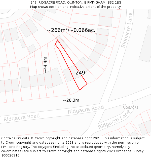 249, RIDGACRE ROAD, QUINTON, BIRMINGHAM, B32 1EG: Plot and title map
