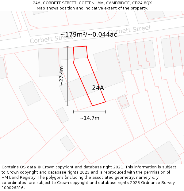 24A, CORBETT STREET, COTTENHAM, CAMBRIDGE, CB24 8QX: Plot and title map