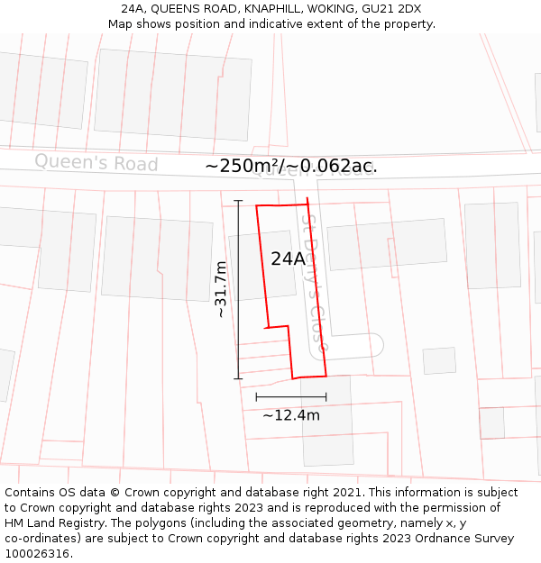 24A, QUEENS ROAD, KNAPHILL, WOKING, GU21 2DX: Plot and title map