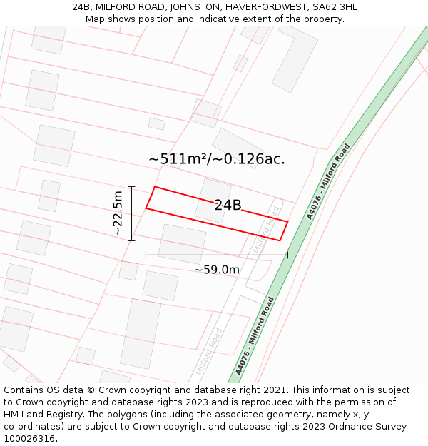 24B, MILFORD ROAD, JOHNSTON, HAVERFORDWEST, SA62 3HL: Plot and title map
