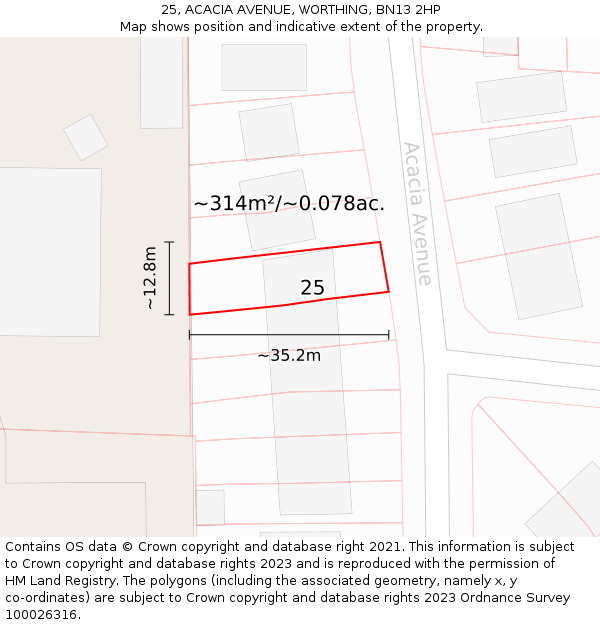 25, ACACIA AVENUE, WORTHING, BN13 2HP: Plot and title map